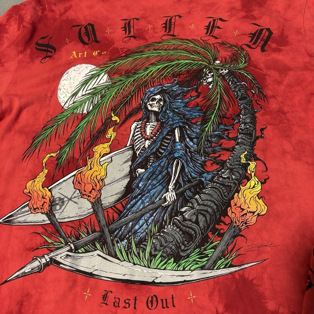 Sullen Art Collective Last Out T-Shirt Mens L  Red Surfer Skull Skeleton Tie-Dye